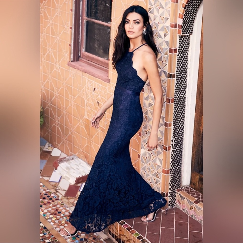 Lulus navy blue lace floral gown size XS